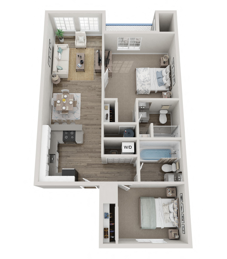 Floor plan for 2 beds, 2 baths, 945 sqft